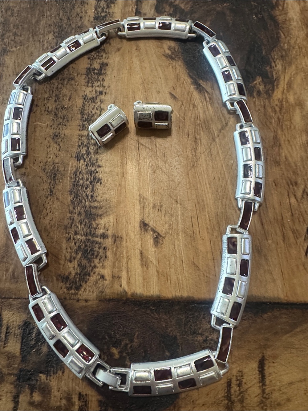 Sterling-Tone Silver Necklace and Clip-On Earrings with Dark Red Inlay